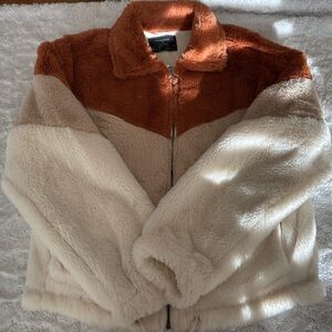 This&More Tri-Colored Brown Fur Zip Up Jacket Size Medium